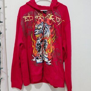 NWT Ed Hardy Y2K Red Skulls Flames Full Zip Up Hoodie Sweater Jacket XL